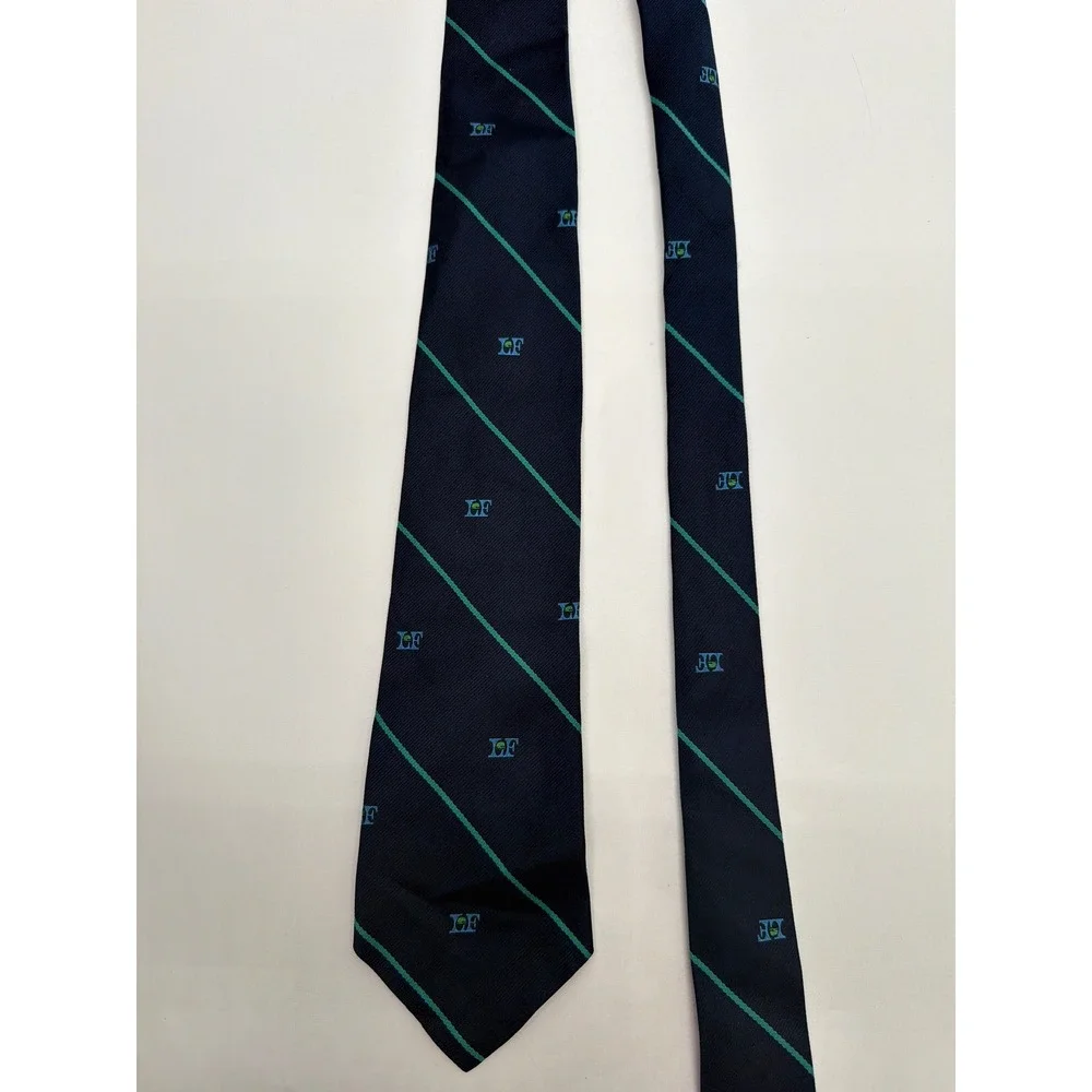 Wm Chelsea Ltd Mens Navy Blue Green Striped LF Crest Logo Silk Tie Scarsdale NY